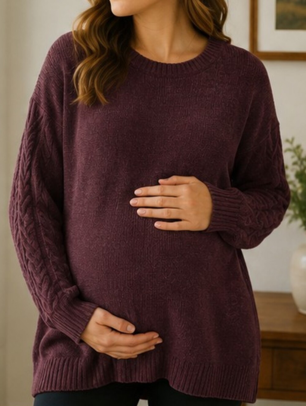 Isabel Maternity by Ingrid & Isabel Plum Cable-Sleeve Crewneck Sweater